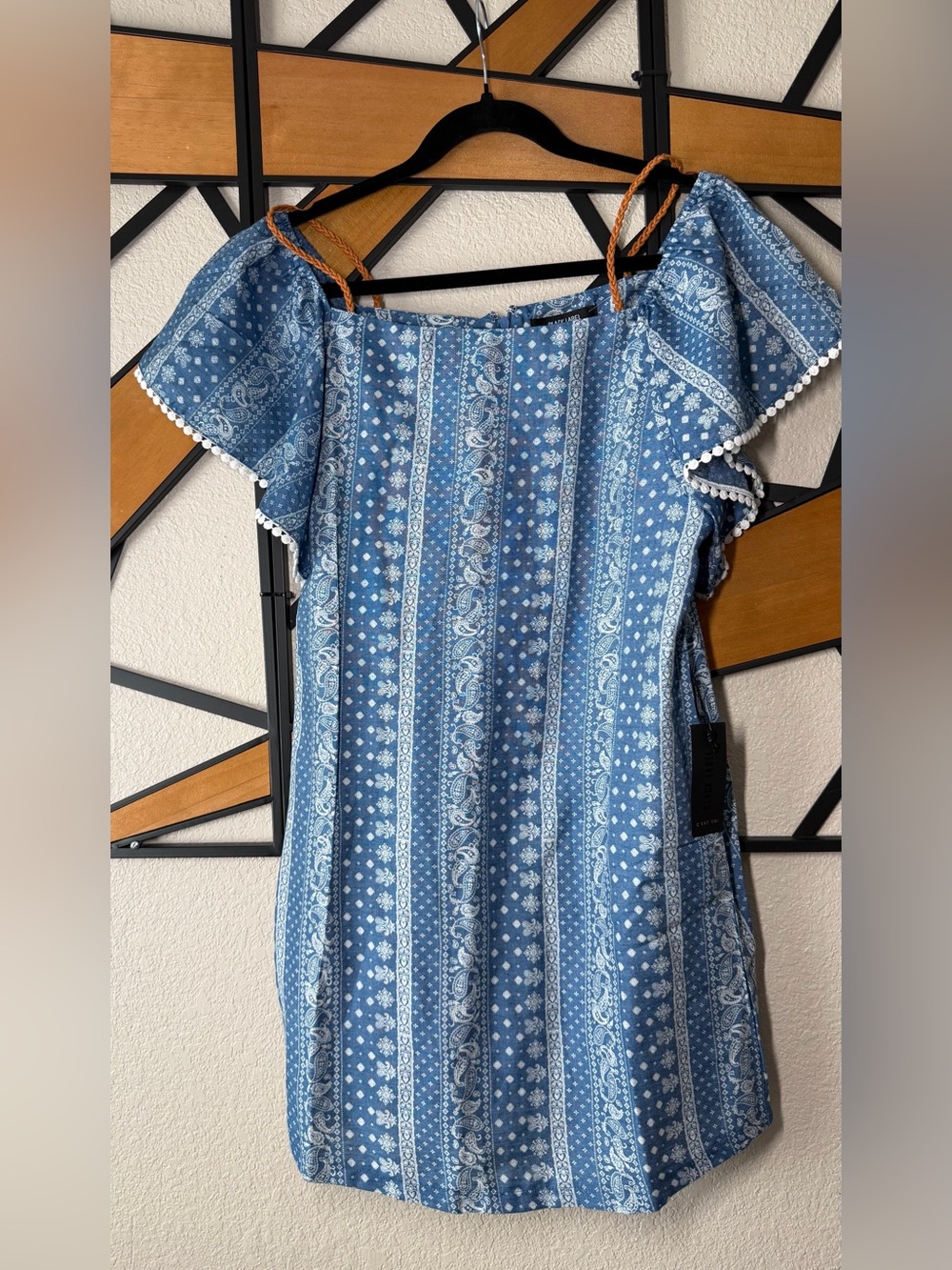 Black Label Blue Printed Off-Shoulder Tunic with Pom Trim